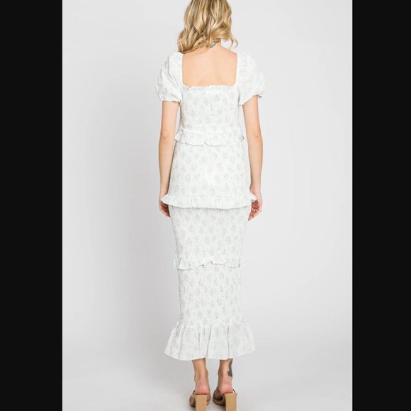 Pinkblush Mable Ada Light Blue Floral Square Neck Smocked Maxi Dress M - Picture 3 of 9